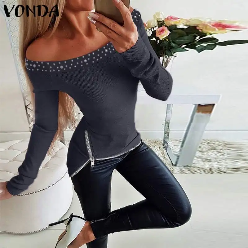 VONDA, Осенние свитшоты,, Женский Повседневный однотонный пуловер с длинным рукавом, водолазка, тонкая блуза на молнии, толстовка, плюс размер, рубашки