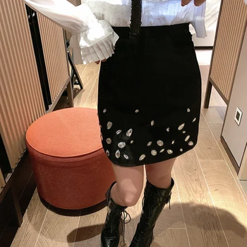 

2020 New Spring and Autumn Heavy Large Rhinestones Drill High Waist Short Skirt Women Retro Slim Black A Line Skirts