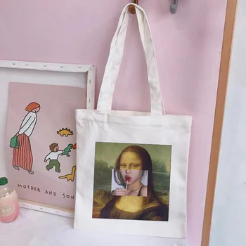 

Mona Lisa Cartoon Funny Fashion Print Shoulder Canvas Bags Spoof shopping bag new Harajuku Big Aesthetic Retro Women Bag Wallet