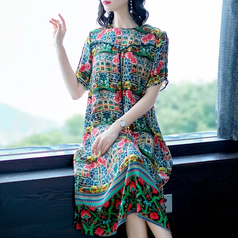 

2019 Summer New Style Fashion Printed Important Silk Dress Mulberry Silk Loose-Fit Slimming Skirt