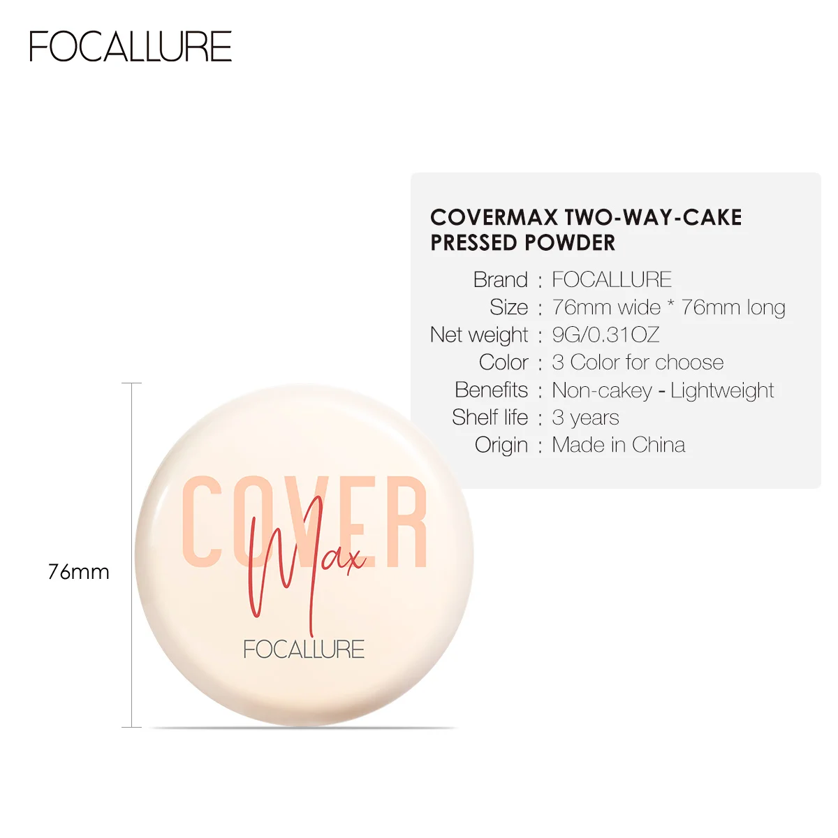 FOCALLURE-Fond de teint éclaircissant pour le visage, poudre naturelle 256 P, contrôle de l'huile, correcteur compact, maquillage blanchissant, cosmétiques