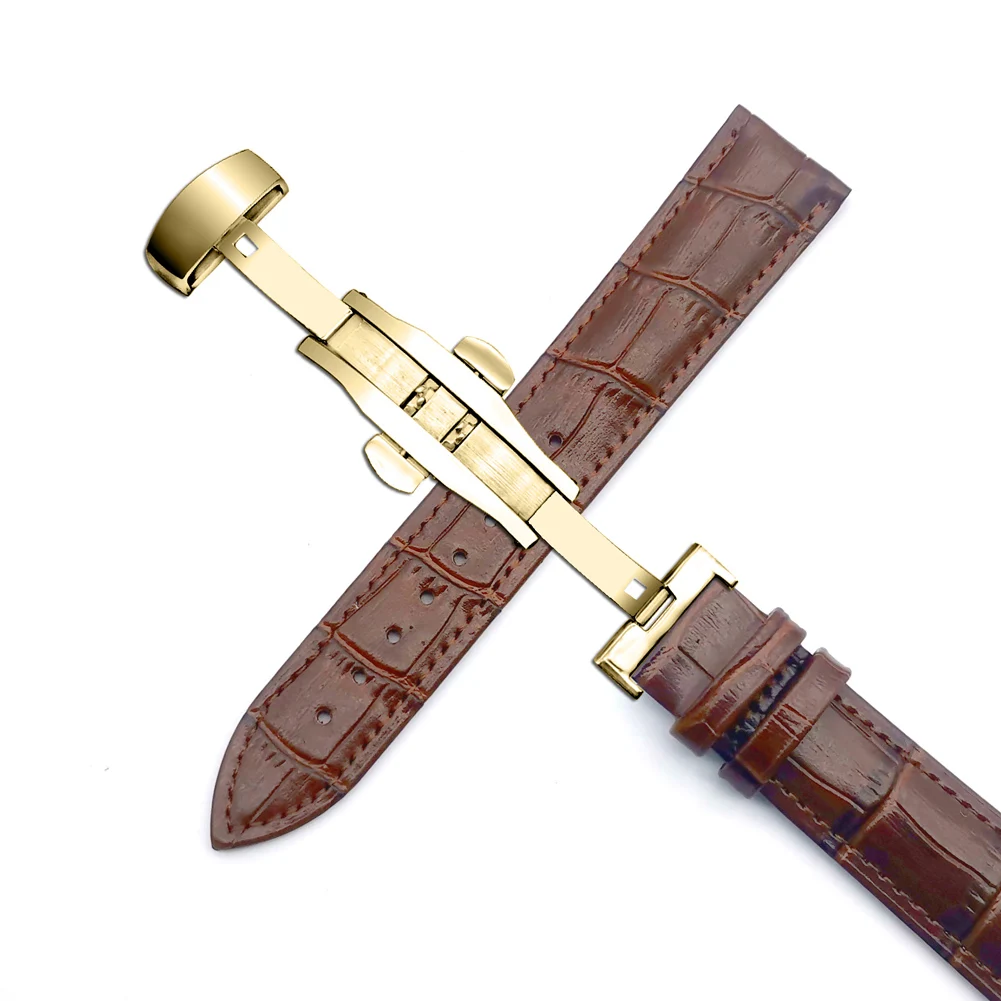 Premium Calfskin Leather Watch Strap with Double Push Butterfly Buckle