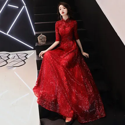 

Dress for Toast Bride 2019 New Style Spring Summer Long Sleeve Red Chinese Style Marriage Nobility Evening Gown Women's Explicit