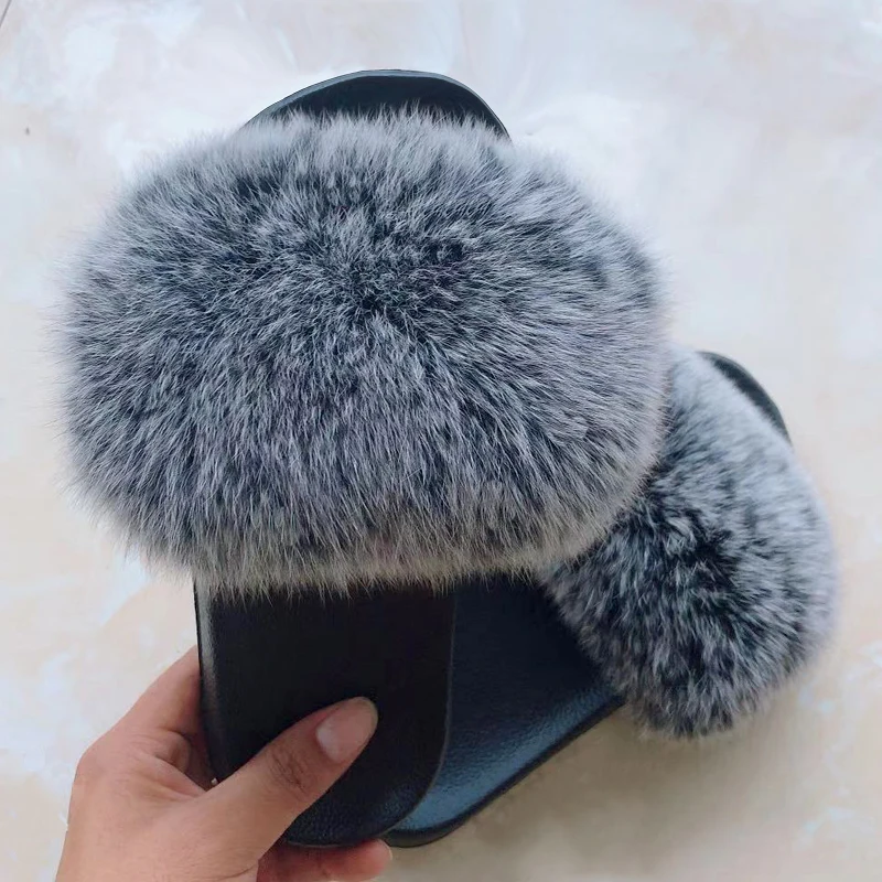 

Natural Fox Fur Slippers Women 2019 Fluffy Real Fur Slides Casual Plush Fur Flip Flops Fashion Handmade Ladies Flat With Shoes