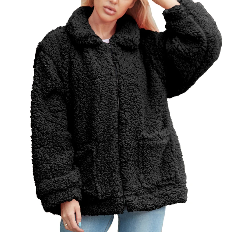 MoneRffi Women Thick Warm Fur Jacket Autumn Winter Zipper Lambswool Coat Turn-down Collar Pocket Casual Outerwear Camel Overcoat - Цвет: A