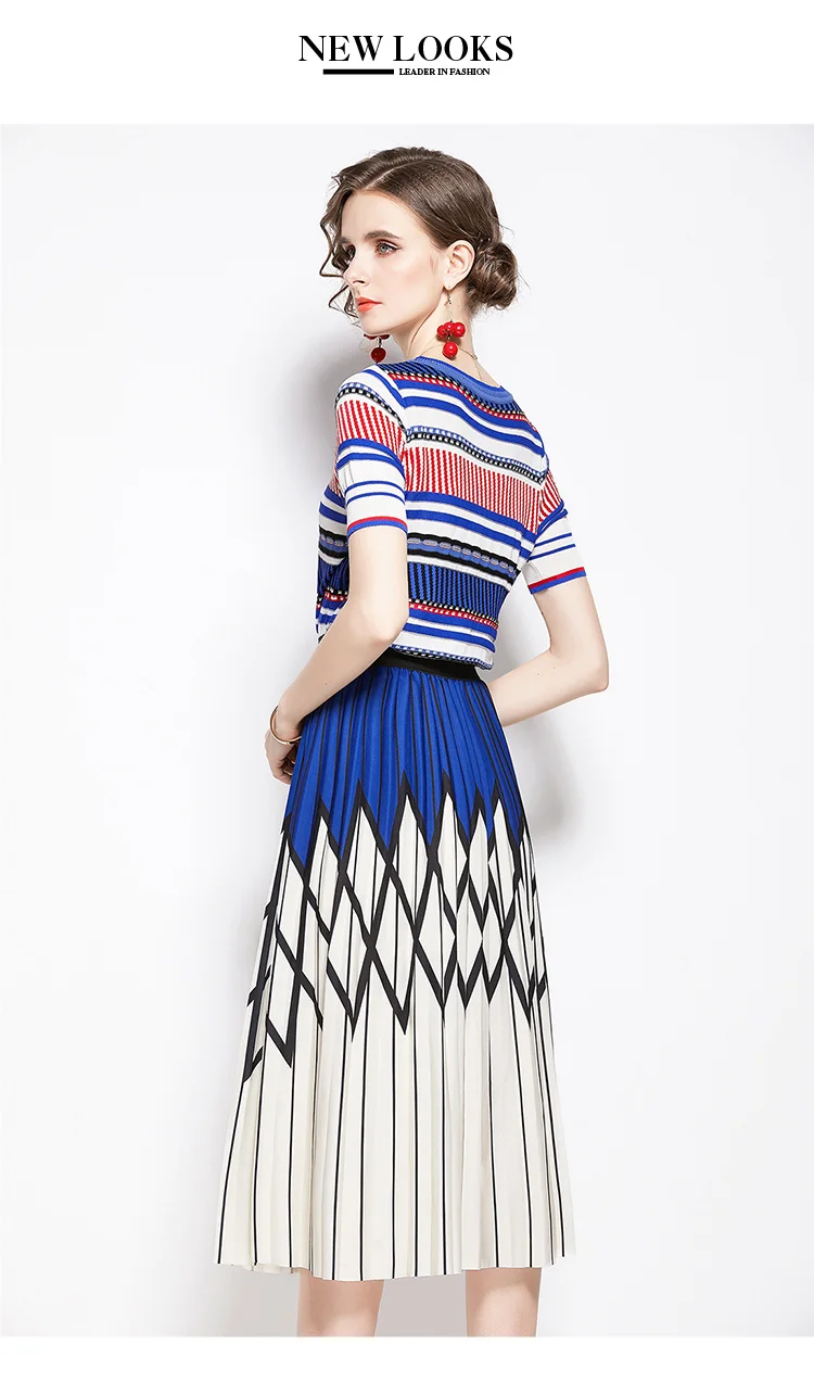 New Arrival Summer Stripe Knit Tops and Printed A-line Long Skirt Two piece Sets Women Runway Design Fashion Knit Set Suit