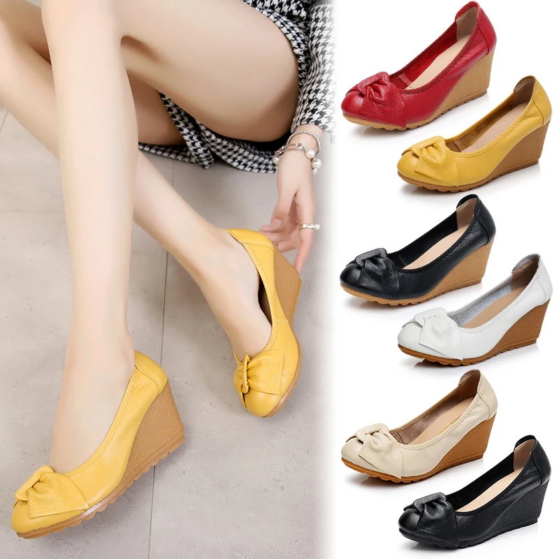 

2019 new comfortable non-slip slope with beef tendon soft bottom bow work single shoes women