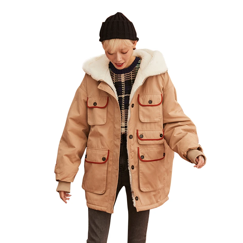 SAM'S TREE хаки однотонное лоскутное прямое Стеганое теплое пальто для женщин зимняя куртка с карманами из флиса Женская парка верхняя одежда