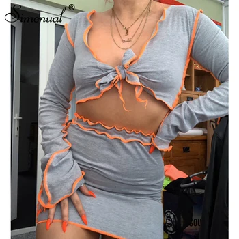 

Simenual Bandage Patchwork V Neck Club Matching Sets Women Long Sleeve Ruffles Bodycon Two Piece Outfits Crop Top And Skirt Set