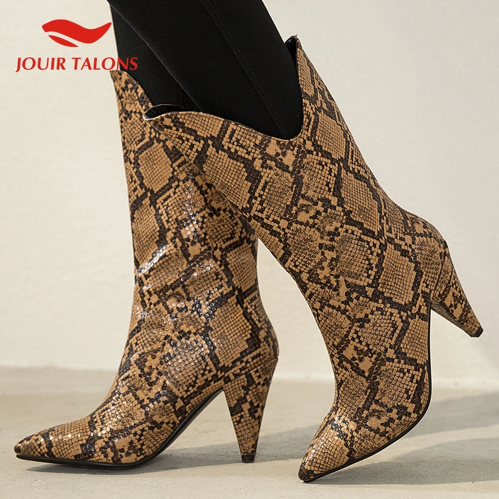 

2020 Big Size 43 Snake Veins Slip On Pointed Toe Spike High Heels Sexy Women Shoes Woman Western Boots