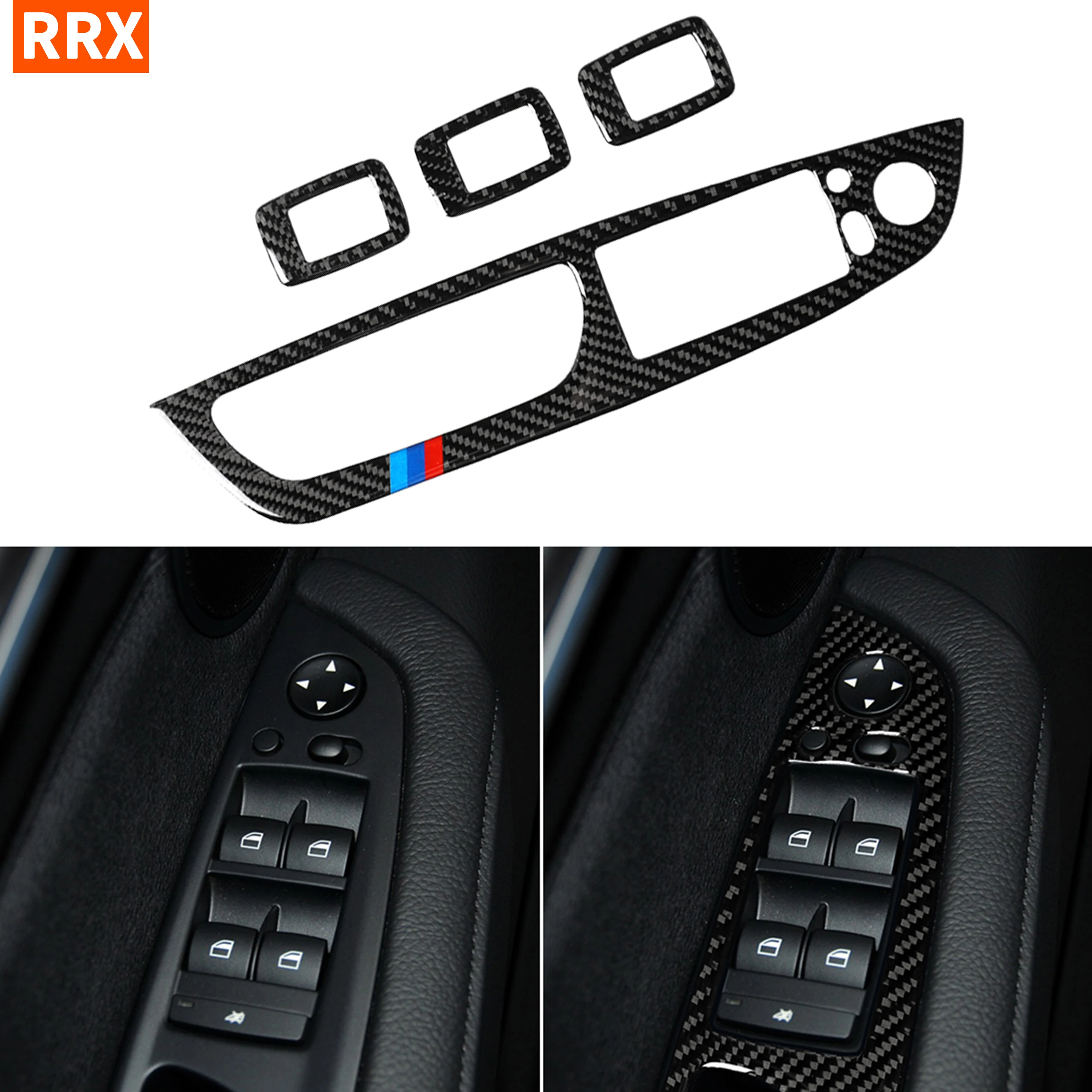 Marco de botón de elevación de ventana de carbono para coche, pegatina