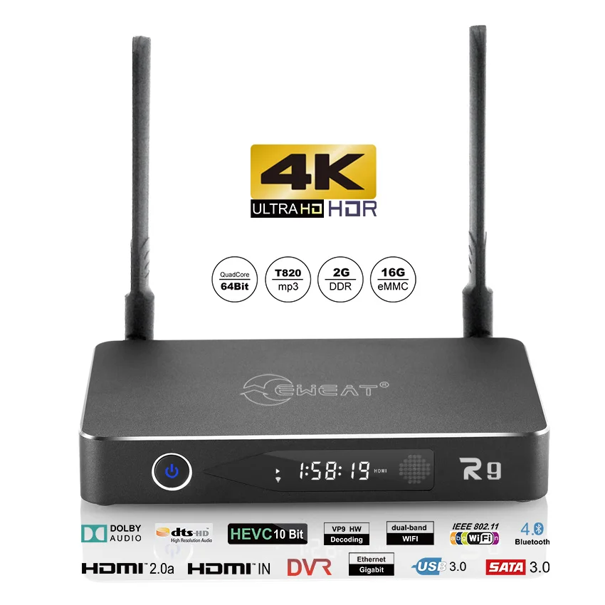 3D 4k media плеер android tv box EWEAT R9 с HDR10 2 4/5 8G wifi BT4.0 USB3.0 HDD плееры Realtek четырехъядерный смарт