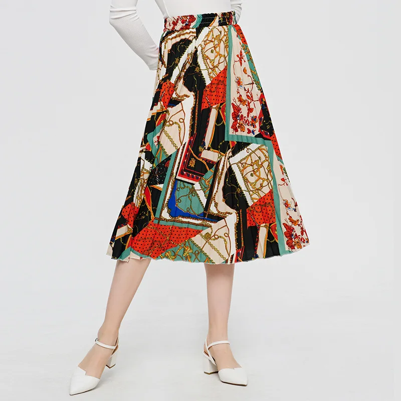 

Vintage Pleated Skirt Womens Retro Print Midi Skirts Elastic Waist A-Line Skit in Midi-calf Length pleated skirt for female