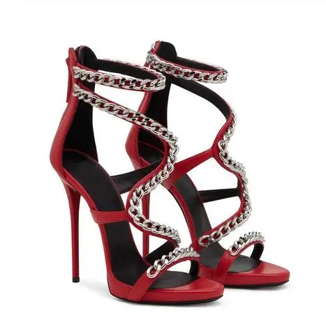 Classic Style Women White Red Metal Chain Decoration Hollow Out Sandal Summer Fashion Open Toe Back Zipper High Heel Dress Shoes