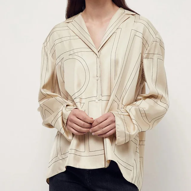 Geometric pattern women shirt tops long sleeve turn-down collar wild lady blouse