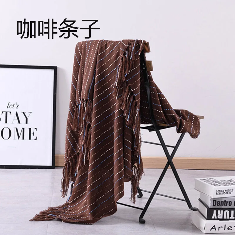 Coffee Stripe Holaroom Blanket for Spring/Autumn Knitted Blanket Embossing Coffee Fringe Nordic Style Sofa Bedroom Decorative Blanket Tassels - Цвет: Coffee Stripe