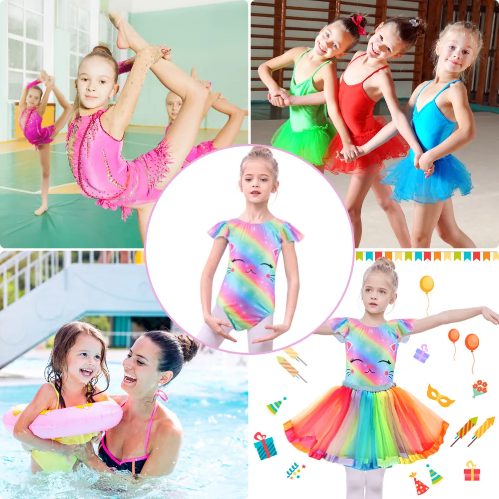 Радужные купальники для танцев, гимнастики, балетная одежда для малышей, комбинезон для девочек 3-8 лет, танцевальные купальники с единорогом, боди для девочек