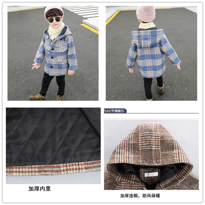 Children's Thickened Woolen Overcoat Fall Winter New Boys Fashion Plaid Hooded Trench Coat Baby Kids Casual Jacket Outerwear B358