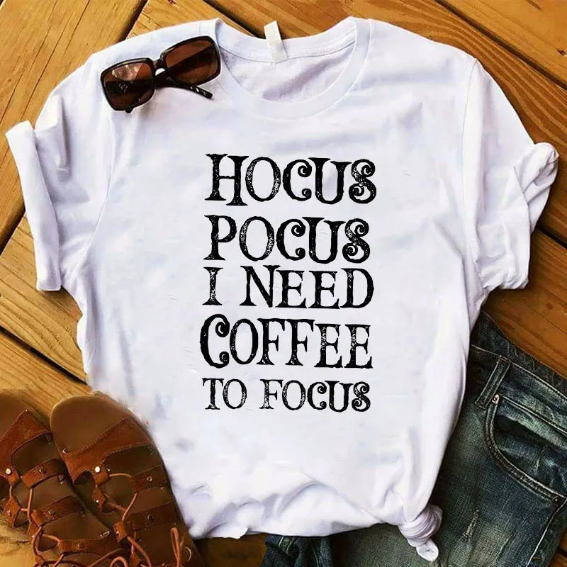 

Women T Hocus Pocus Coffee To Focus Print Womens Top Happy Halloween Tshirt Female Graphic Tee Shirt Ladies Clothes T-shirt