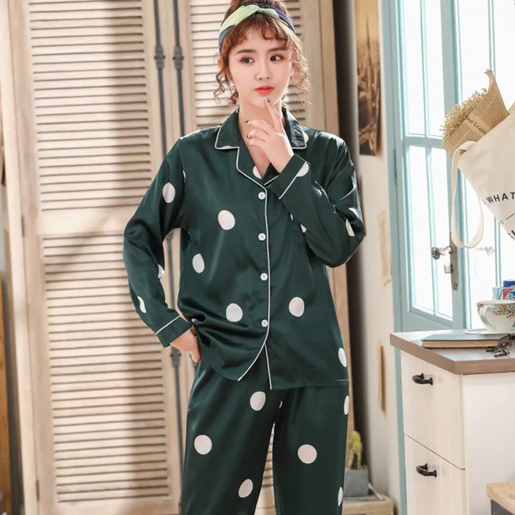 

2019 Spring And Summer New Style Pajamas Women Green Dotted Cardigan Fold-down Collar Imitated Silk Fabric Homewear Set