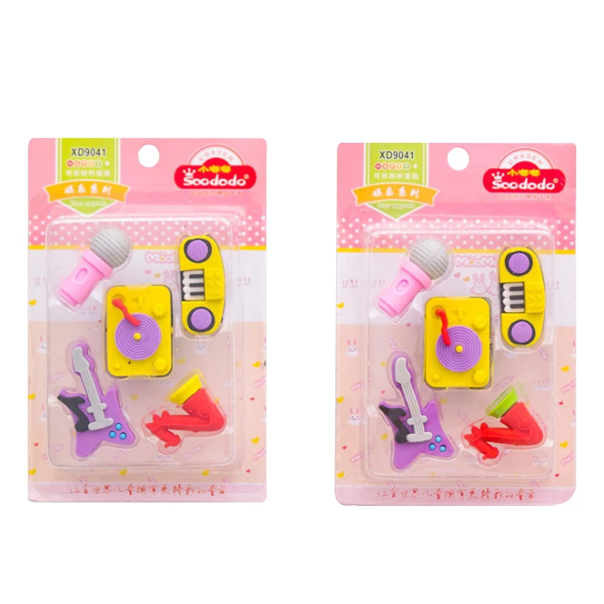

12set/lot Cute Colorful For Kids Creative Kawaii Stationery Party Music Instruments Series Rubber Five Pcs Eraser One Set