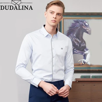 

Fashion Blouse Dudalina Camisa Social Masculina Long Sleeve Slim Fit Strip Shirt Men Floral Clothing Off White White Male cold
