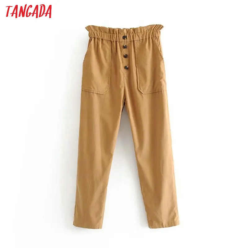 Tangada, женские шикарные вельветовые брюки цвета хаки с высокой талией, с пуговицами, тянущаяся Талия, повседневные женские длинные брюки, 6P71