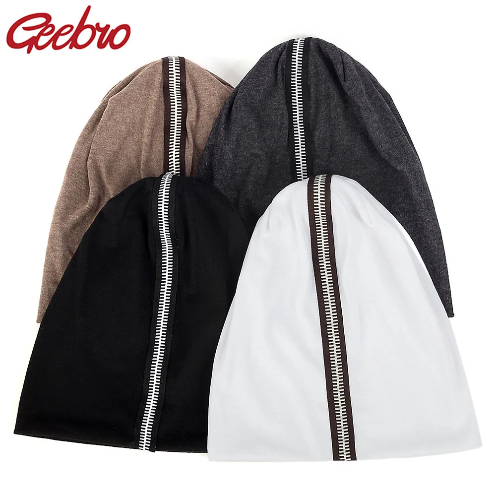 

Geebro Cotton Soft Plain Women Beanie Casual Novelty Slouchy Zipper Stripe Unisex Hat Autumn Baggy Solid Color Skull Cap DZ938A