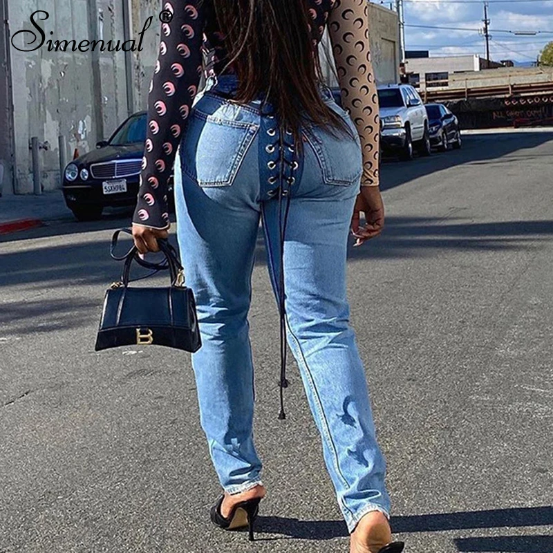 

Simenual Lace Up Fashion 2020 Autumn Women Jeans High Waist Slim Blue Bodycon Demin Pants Pockets Street Style Long Trousers Hot