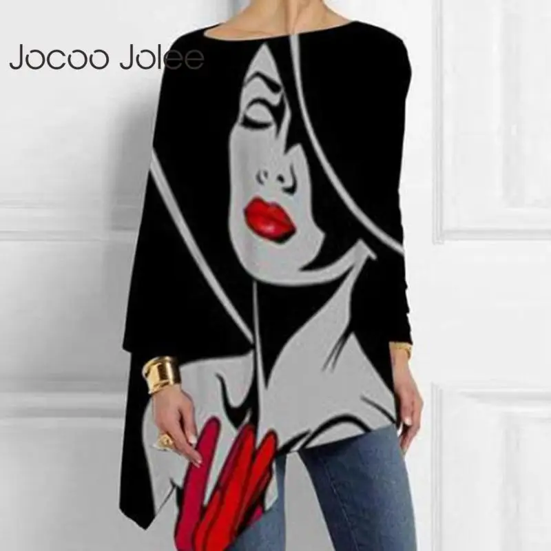 

Elegant Abstract Face Print Irregular T Shirt Autumn Casual Long Sleeve Oversized Blouse Vintage O Neck Harajuku Shirt Top
