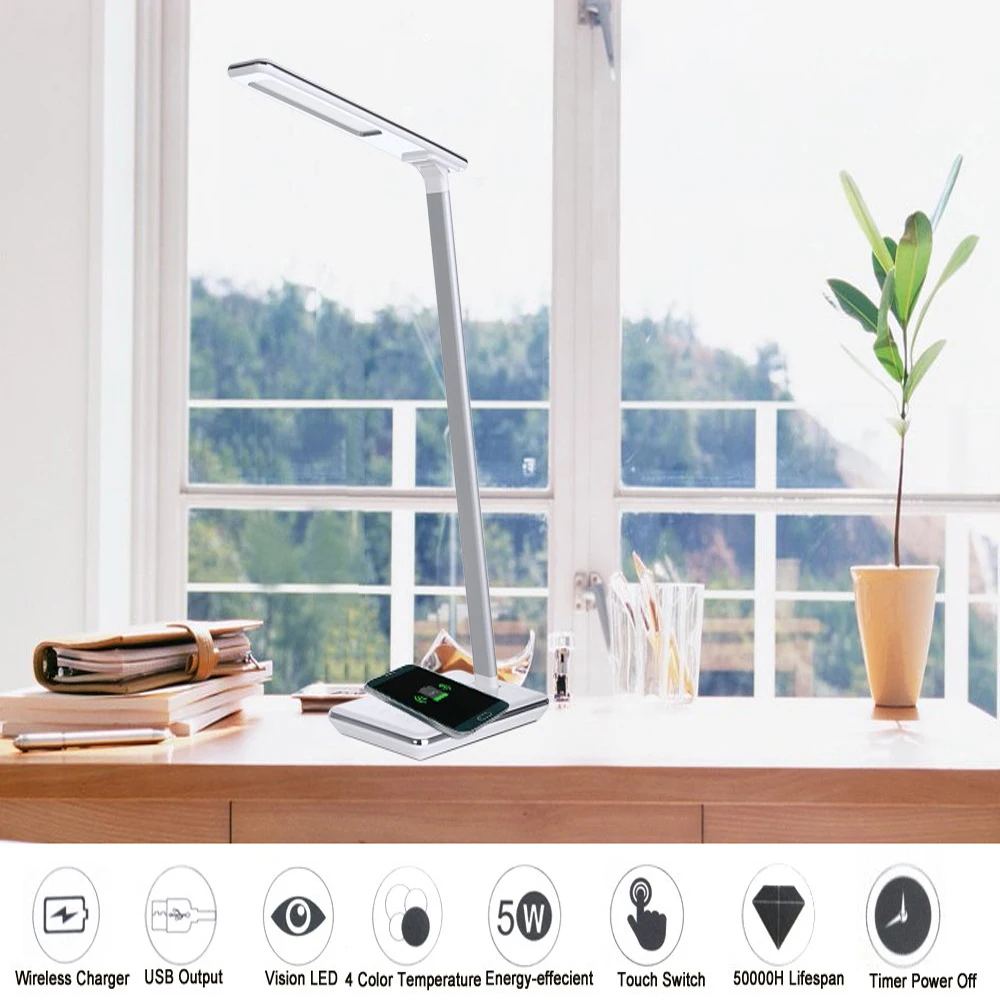 

Folding eye protection LED desk lamp with Qi wireless desktop charger USB output multi-function reading lamp desk office