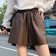 Calças de cintura alta do falso shorts de couro sexy magro preto sólido curto calças de perna larga 2021 moda casual elástico solto calções de plutônio