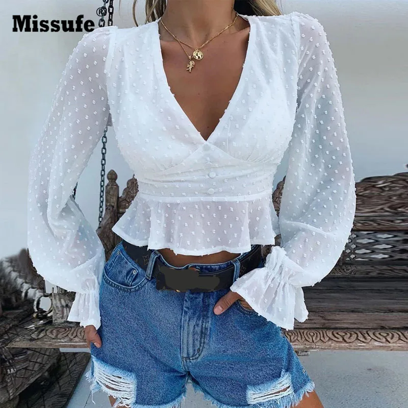 

Missufe Autumn Long Sleeve White Crop Tops Women V Neck Loose Tops Shirts Female Exposed Navel Transparent Tee Shirts Woman 2019