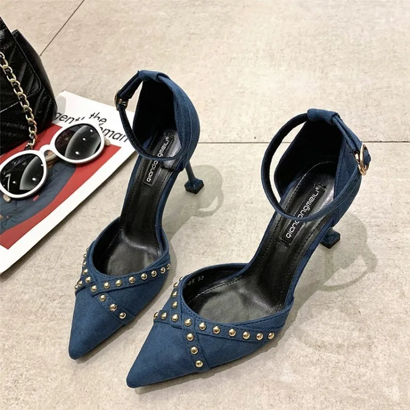 

New Rimocy elegant women's blue silk pumps spring summer high heels ankle strap sandalias mujer working shoes sandals Y16-05