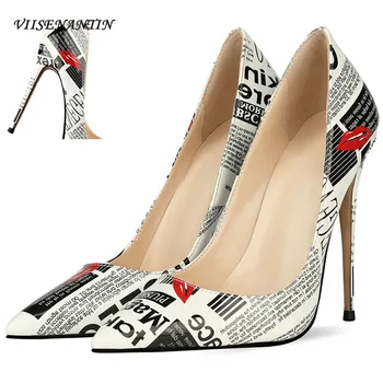 

Spring Autumn New European American High Heels Women's Stiletto Pointed Toe Shallow Pumps Printing Temperament Sexy Party Shoes