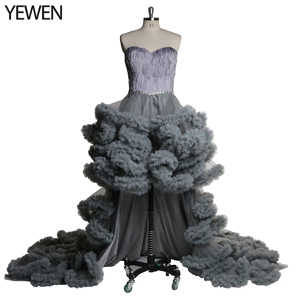 

Shoulderless Front Short Long Back Sweetheart Sleeveless Ruffles Feather Prom Dresse Photography Dressess Evening Dress YEWE