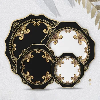 

Classical Dinner Flat Plate Bone China Dinnerware Set Black White Ceramic Plates Set Dishes Noodle Bowl Tableware Home Decor 1pc
