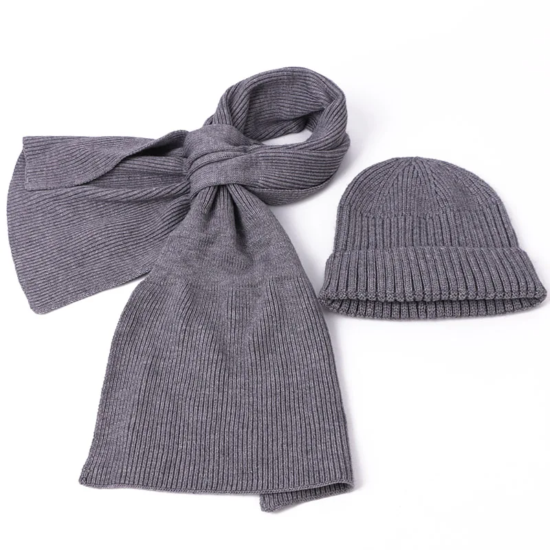 Зимняя уличная шапка наборы шарф шапка для детей вязаная утолщенная теплая шапка для мальчиков и девочек шарф Набор сплошной цвет Мягкий Комплект из трех предметов - Цвет: D
