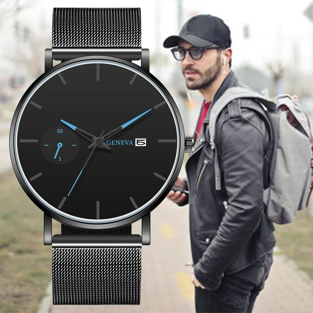 

GENEVA New Watch Men Simple False Monocular Men Rome Measuring Calendar Luminous Mesh Belt Male Quartz Watch Clock Montre Homme