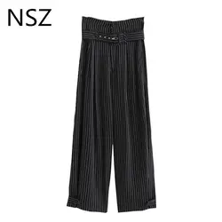 NSZ женские черные полосатые широкие брюки с высокой талией Элегантные Свободные повседневные с поясом офисные женские брюки