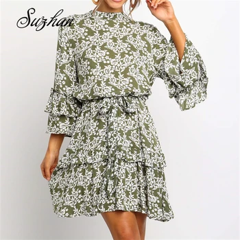 

Suzhan Women Ruffled Summer Dress 2019 Bohomian Floral Print Mini Beach Dress Vintage Sashes A Line Party Dress Elegant