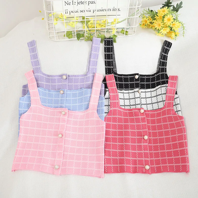

OUMEA Women Knitting Strappy Crop Tops Summer Candy Color Check Short Tops With Pearl Buttons French Style Retro Sleeveless Tops