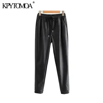 Pantalones de piel sintética con bolsillos para Mujer, pantalón con cordón de cintura elástica, Estilo Vintage, 2020