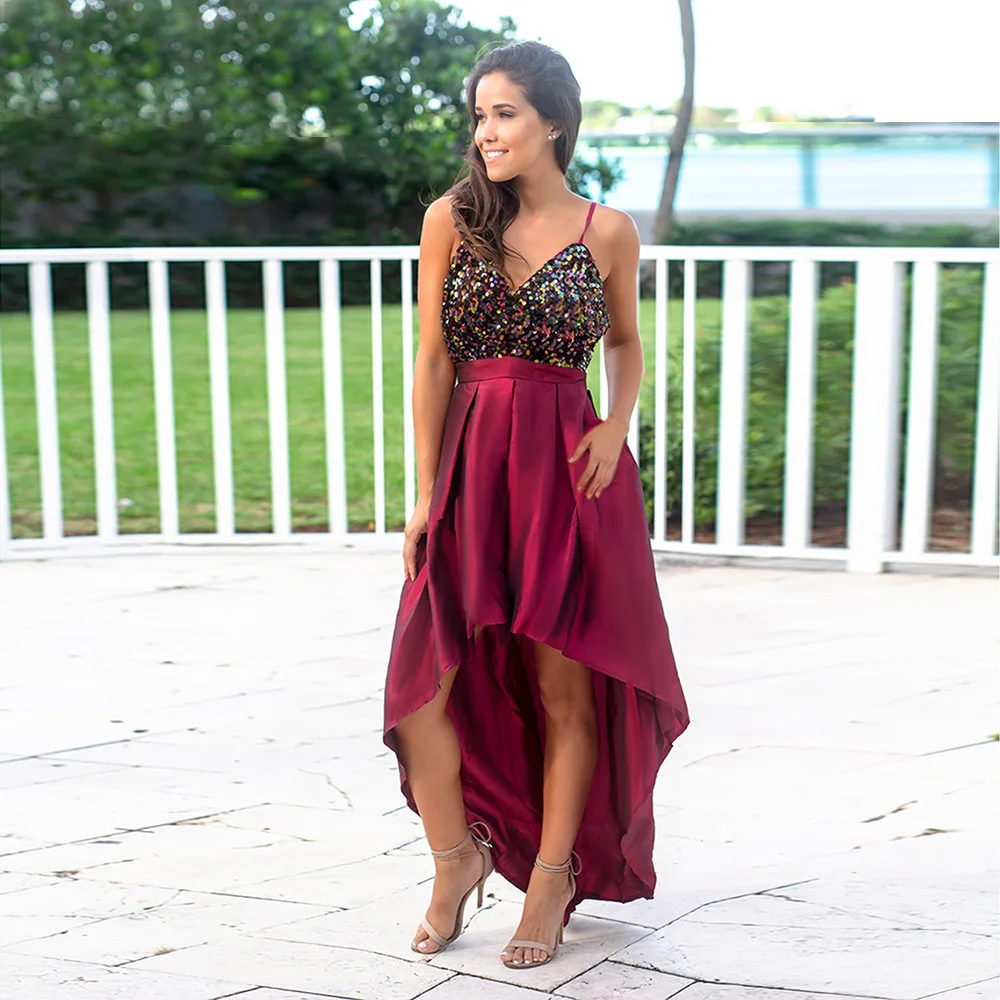 Sexy Prom Dresses Sequined Asymmetrical Deep V-Neck Spaghetti Straps Backless Sparkle Evening Party Gowns Vestidos De Gala 2020