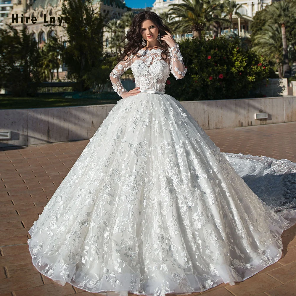 

2020 Gorgeous Ball Gown Wedding Dresses With 2.5m Train Vestido De Noiva Princesa Pearls Lace Flowers Long Sleeve Princess Gowns