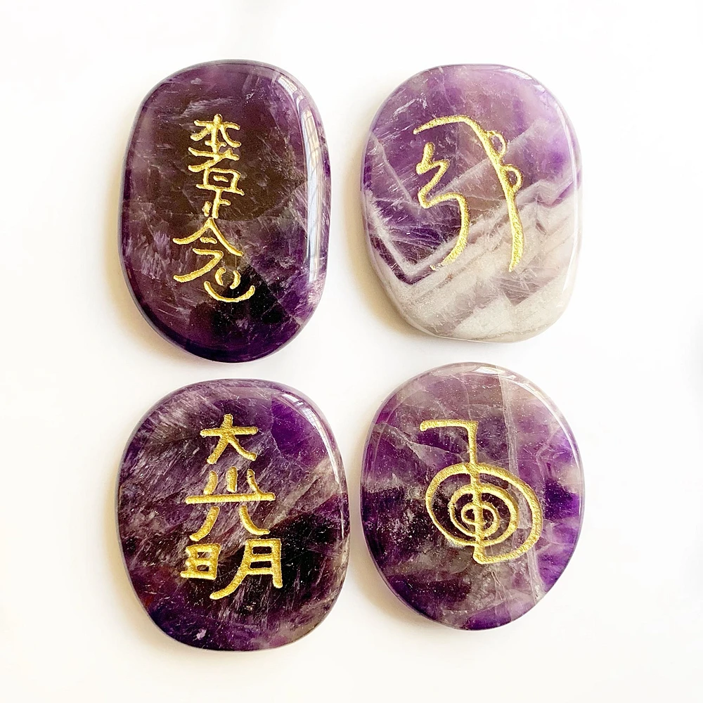 THREE EYE STORE 4 Pcs Amethyst Engraved Chakra Stone Palm Stone Crystal Reiki Symbols THREE EYE STORE 4 Pcs Amethyst Engraved Chakra Stone Palm Stone Crystal Reiki Symbols