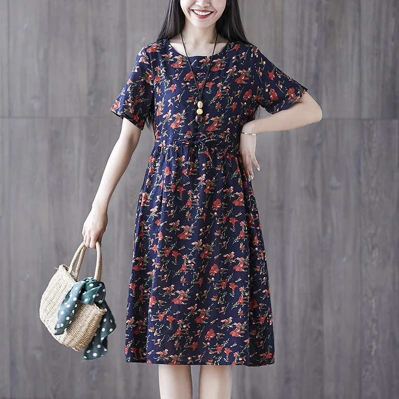 

2019 Summer Wear New Style Large Size Dress Loose Cotton Linen Printed Mid-length Slimming Short-sleeve Dress Women's