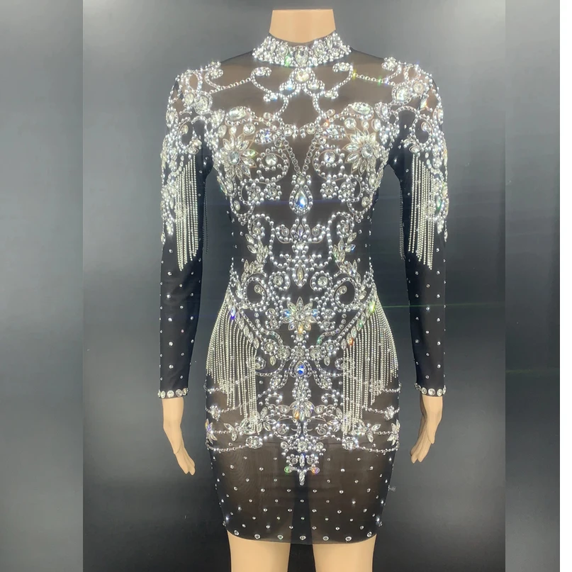 

Sexy Transparent Dresses Sparkly Crystals Chains Dress full Stones Fringes Female Singer Evening Birthday Party Stage show wear