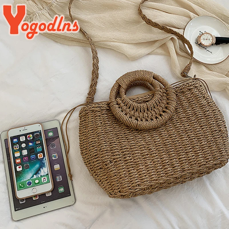 Summer Women Straw Beach Bag Handmade Crossbody Bag Raffia Circle Rattan Bags Bohemian Casual Woven Basket bags