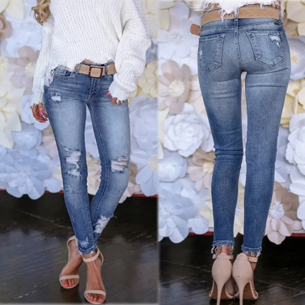 Fashion Jeans For Women Mom High Waist Elastic Hole Ripped Stretch Female Washed Denim Skinny Pencil Pants L42 | Женская одежда